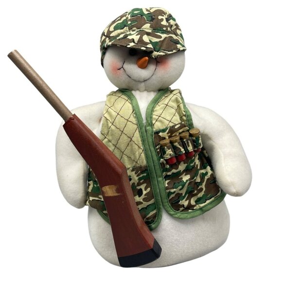 Christmas hunter plush standing snowman figurine decor white green camo READ - Picture 1 of 11